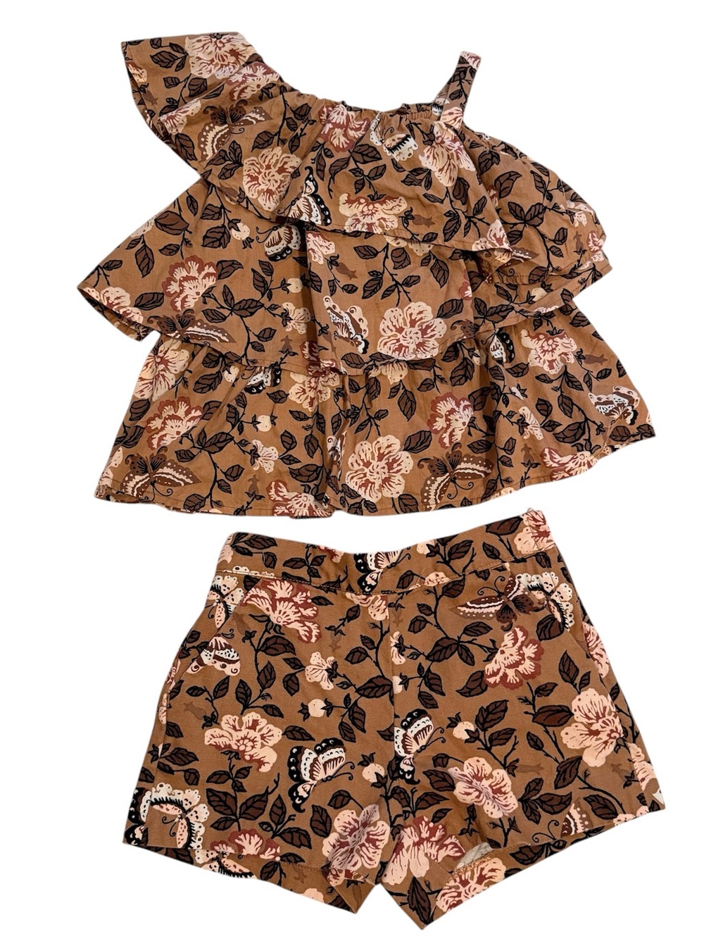 Janie and Jack Brown Floral Butterfly Tiered Ruffle Top & Shorts Set